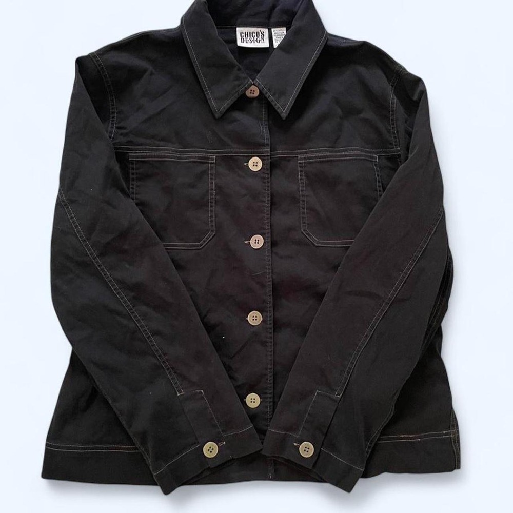 Vintage black button-down shacket with tan stitching size 2 by Chico's Design